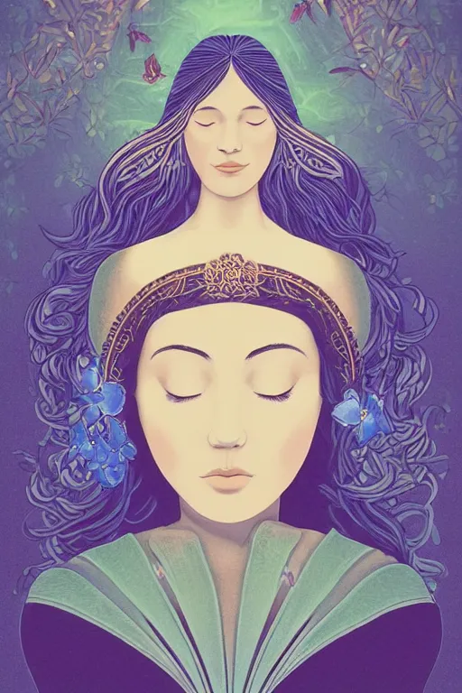 Image similar to a goddess of magnolia a queen of the garden, meditating! with a beautiful symmetrical face!!! cinematic lightning, isolated, studio lighting by audrey kawasaki