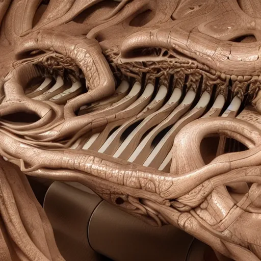 Image similar to A Bio Piano made of human skin, sinew, muscle tissue and bone, 8k octane render highly detailed in the style of H.R. Giger.