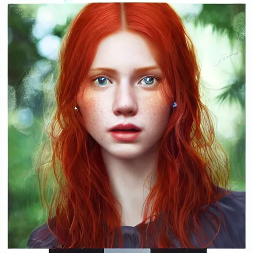 Prompt: a highly detailed, hyper realistic, red haired young woman, among golden fireflies, with long hair, green eyes, hint of freckles, round gentle face, tilted head, cheeky smile, deep focus, elegant, digital painting, smooth, sharp focus, golden ratio, illustration, ultra realistic, 8 k, art by artgerm and caravaggio