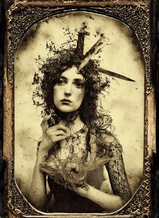 Prompt: old wetplate daguerreotype portrait of the witch, explosion of data fragments, fractal, intricate, elegant, highly detailed, parallax, leica, medium format, subsurface scattering, by jheronimus bosch and greg rutkowski and louis jacques mande daguerre