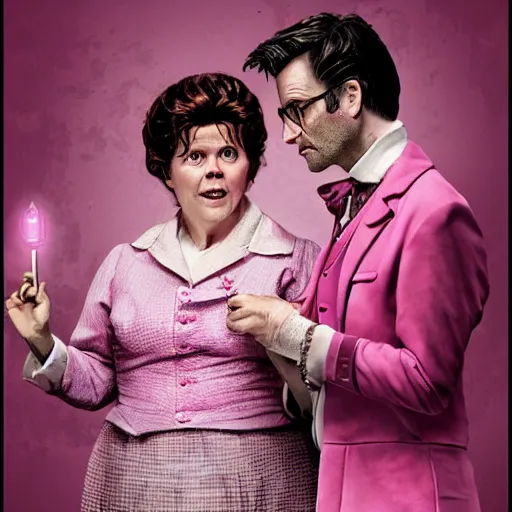 Image similar to david tennant and imelda staunton as dolores umbridge in pink clothes with the tenth doctor who, highly detailed, artstation, concept art, smooth, sharp focus, illustration, perfect face, art by willem claesz. heda, nikolay makovsky, jacek malczewski, arthur hughes, edward okun