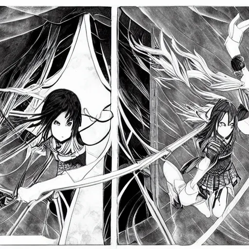 Prompt: two beautiful female warriors facing off, detailed manga art