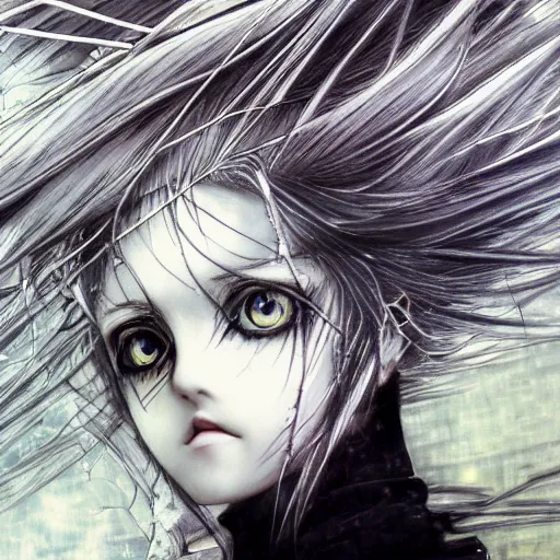 Image similar to Yoshitaka Amano realistic illustration of an anime girl with white hair and cracks on her face wearing dress suit with tie fluttering in the wind, abstract black and white patterns on the background, noisy film grain effect, highly detailed, Renaissance oil painting, weird portrait angle