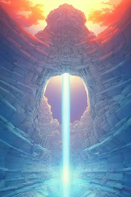 Image similar to the portal to heaven by hiroshi yoshida and moebius and loish and artgerm, painterly, symmetrical, ultra detailed, hyper realistic, illustration, sunset lighting