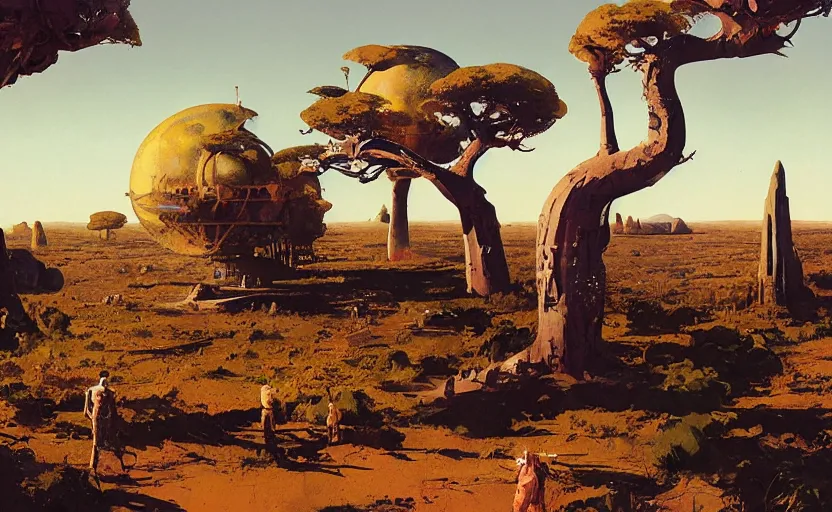 Image similar to 5 0 s pulp scifi illustration, space explorers in beautiful landscape, plain stretching into distance, pond, baobab trees, distant mountains, painted by bergey, craig mullins, john berkey, ruan jia, raymond swanland, jeremy mann, beksinski, jack kirby, tom lovell, alex malveda, schomburg