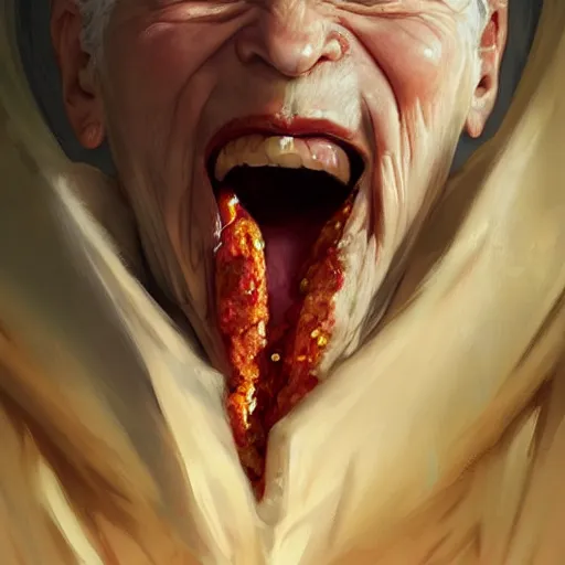 Image similar to portrait of evil grandma opening his mouth to eat pizza, highly detailed, digital painting, artstation, concept art, sharp focus, illustration, art by artgerm and greg rutkowski and alphonse mucha