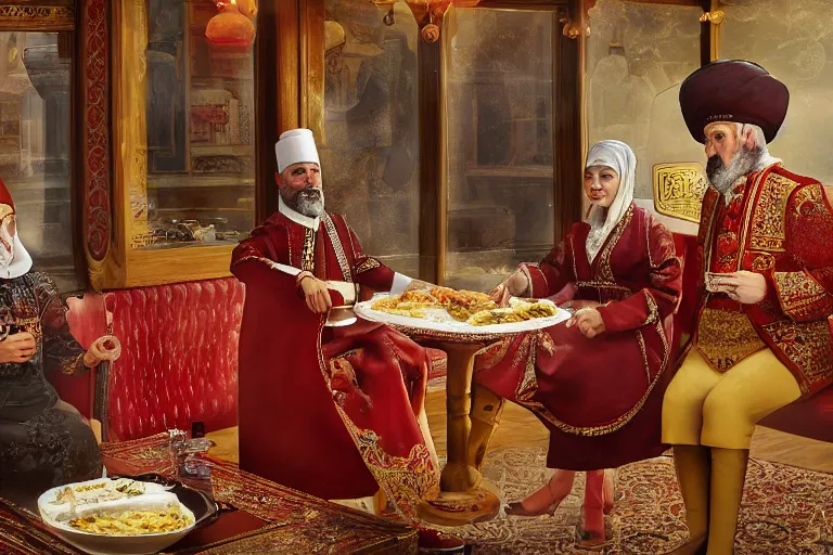 Prompt: Ottoman Sultan Mehmet IV and his wife Sultan Gülnuş eating shawarma in a restaurant in Downtown New York, wearing red ovular turbans and a luxurious Ottoman coats, super realistic facial features, detailed face, Ottoman Sultanate, expressive, photorealistic, hyperrealism, micro details, HDR Shot