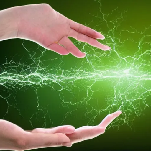 Prompt: green energy spells emit from the hand of a figure