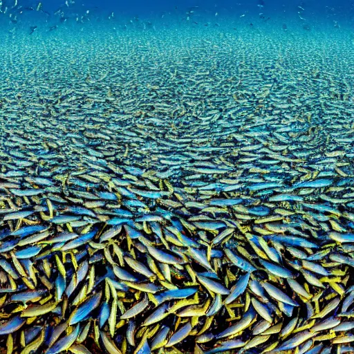 Prompt: a million fish forming a big tidal wave, bright daylight