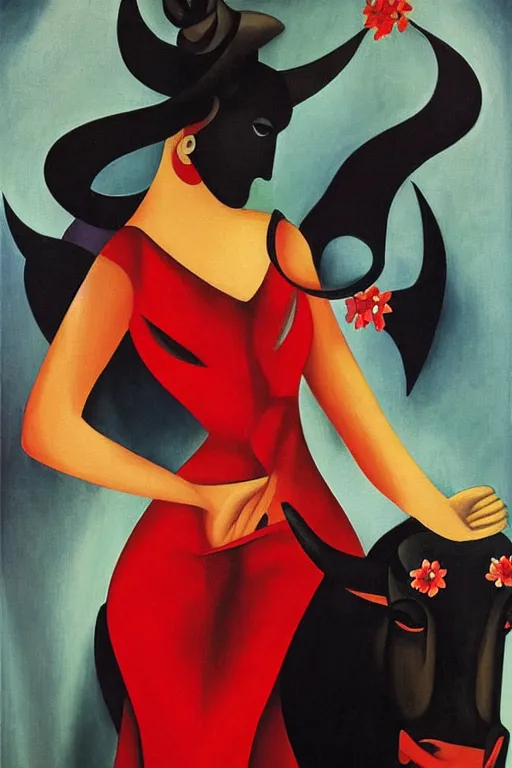 Prompt: highly detailed painting of flamenco dancer wearing a red dress next to a black bull framed with flowers at night by tamara de lempicka