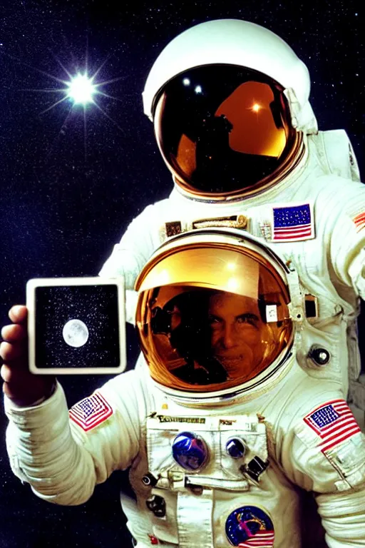 Prompt: extremely detailed studio portrait of space astronaut taking a selfie, holds a smart phone in one hand, phone!! held up to visor, reflection of phone in visor, moon, extreme close shot, soft light, golden glow, award winning photo by herb ritts