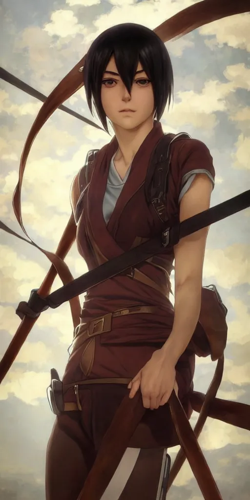 Image similar to mikasa ackerman, hero pose, medium shot, bokeh, beautiful face!!!!, 2 7 years old, cg animation, lifelike, animated, realistic, character select portrait, by artgerm, greg rutkowski, alphonse mucha, 3 d