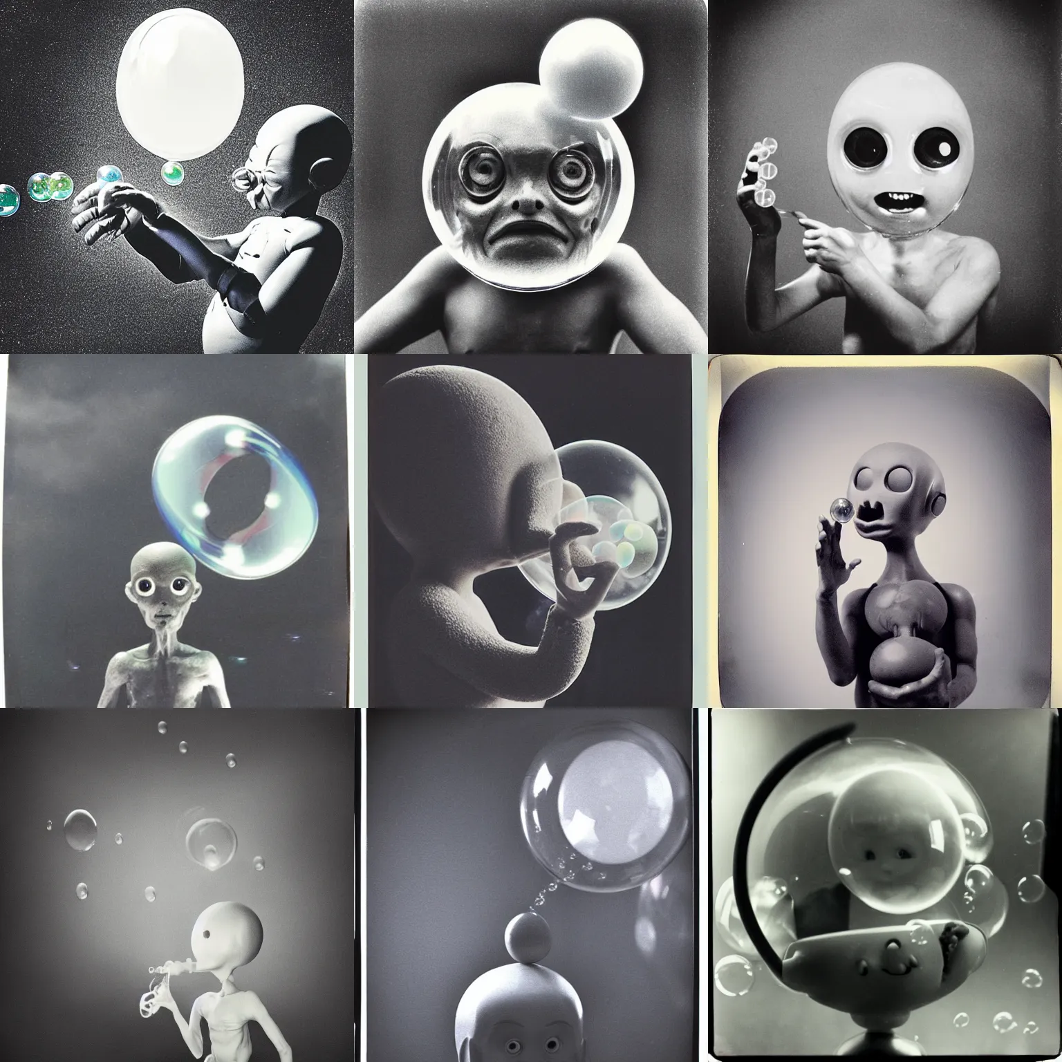 Prompt: a humanoid gray alien creature blowing bubbles. bulbous head extraterrestrial with big eyes. bubble blow toy hoop. eerie, real, creepy photo, polaroid, nostalgic memory