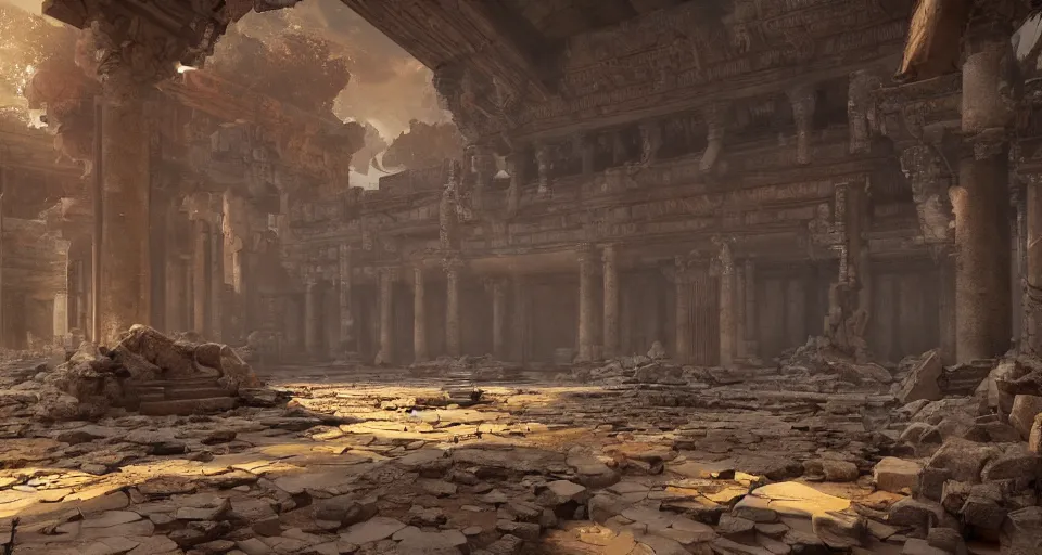 Image similar to The interior of an mytical and ancient temple in ruins, hyperdetailed, artstation, cgsociety, golden hour 8k