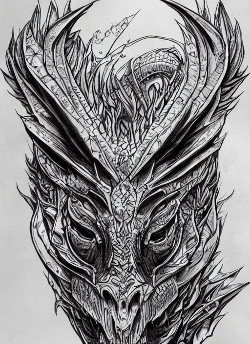 Image similar to highly detailed picture of great dragon, sketch tattoo, edge of the universe, perfectly symmetrical face, highly detailed, masterpiece, trending on artstation, golden ratio, cinematic romantic magical, perfect intricate