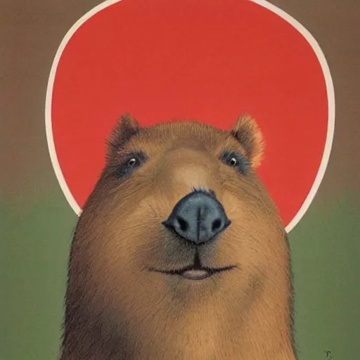 Image similar to soviet propaganda poster depicting a capybara in military uniform