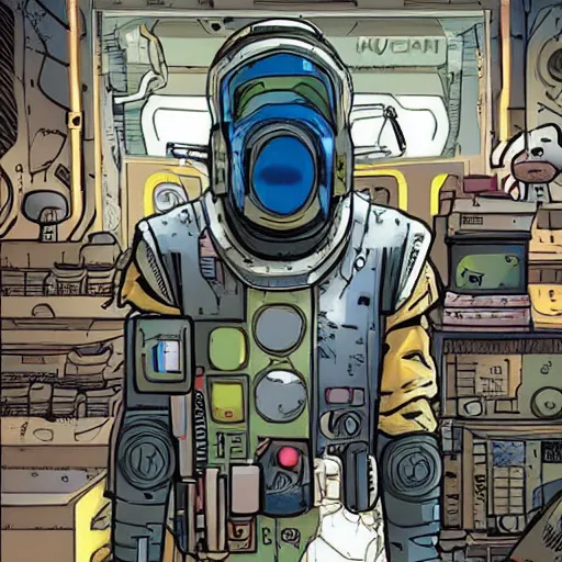 Image similar to a space merchant in their shop, cyberpunk, sci-fi, in the style of Ashley Wood and Moebius