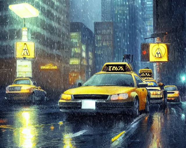 Prompt: a taxi cab driving down a rainy road, gaslight, street lamps. Anime, By Makoto Shinkai, Stanley Artgerm Lau, WLOP, Rossdraws, James Jean, Andrei Riabovitchev, Marc Simonetti, krenz cushart, Sakimichan, trending on ArtStation, digital art.