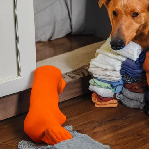 Prompt: An orange dog staring at a drawer filled with socks on fire, high-resolution photo