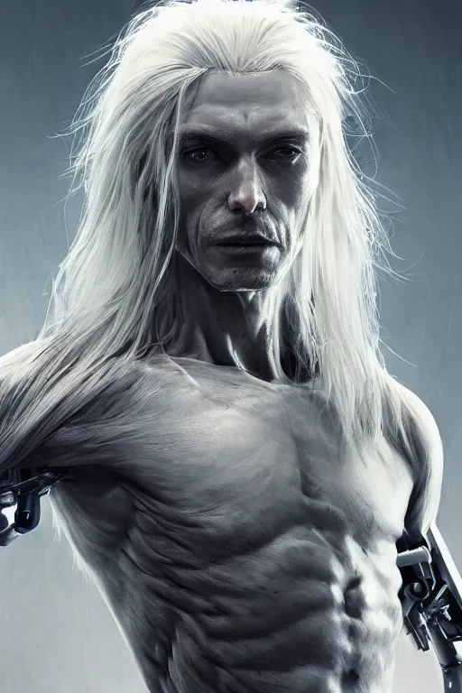 Image similar to a portrait of a toned male half human half mechanical with long white hair and with joints with visible joints by greg rutkowski, sung choi, mitchell mohrhauser, maciej kuciara, johnson ting, maxim verehin, peter konig, bloodborne, 8 k photorealistic, cinematic lighting, hd, high details, dramatic, dark atmosphere, trending on artstation