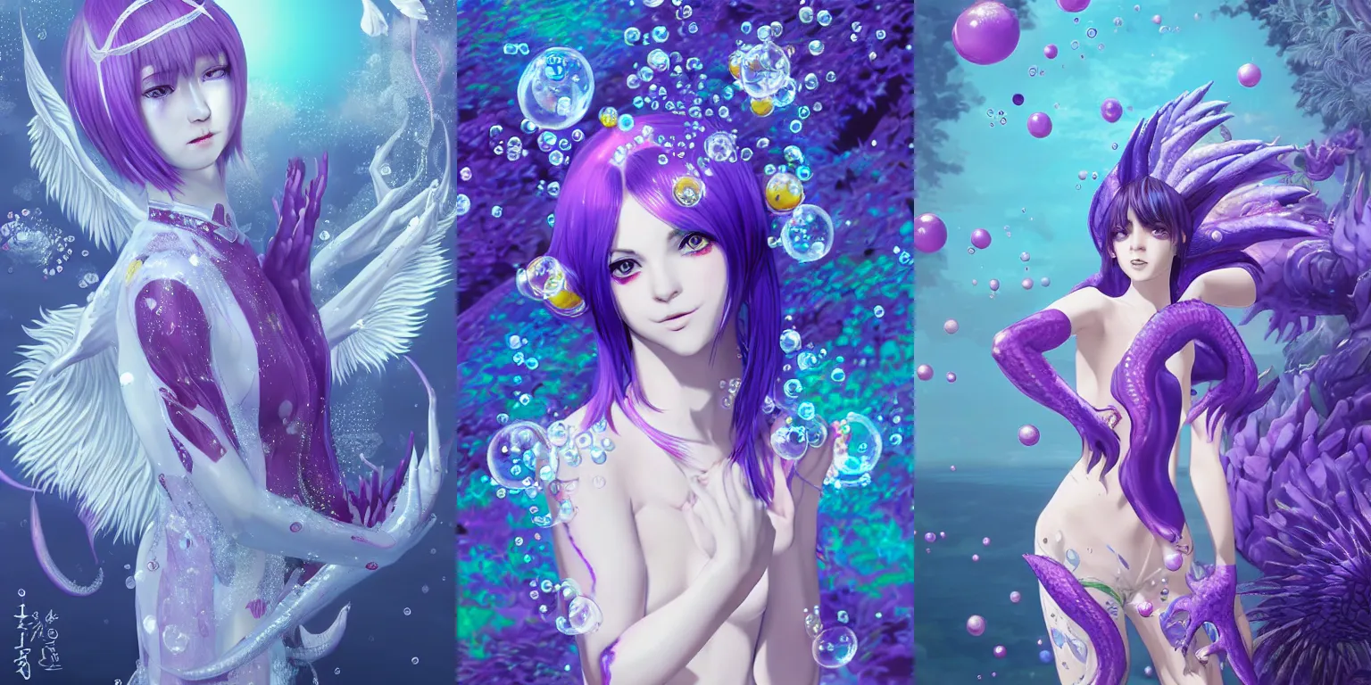 Prompt: Mizutsune, a beautiful monster with white and purple scales surrounded by bubbles, as a human, by Ilya Kuvshinov