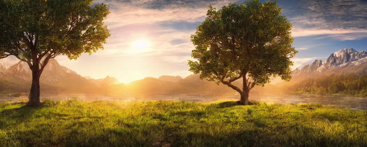 Prompt: big realistic tree near to a river on sunset with reflection on the leaves and mountains in the background, landscape, extremely high fidelity, 8 k, super resolution, cinematic view, super resolution, light rays, lens flare, epic, hyperdetailed