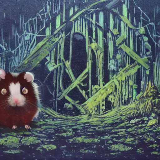 Prompt: an acryl painting of a horror hamster creature in an old ruin swamp village