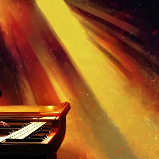 Prompt: A picture of Mozart playing the piano with beethoven singing a heavy metal song, digital painting, 4k, rays of light, particles light, artstation by Noah Bradley
