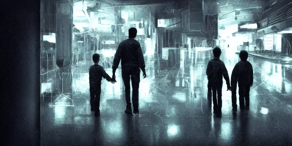 Image similar to realistic macro photograph of a father and son wearing occulus rift headsets walking through dark neon rooms, ultra realistic, by cedric peyravernay, intricate detail, digital painting, minimal art style, mirrors edge art style, volumetric lighting effect, artstation, 3 5 mm film grain