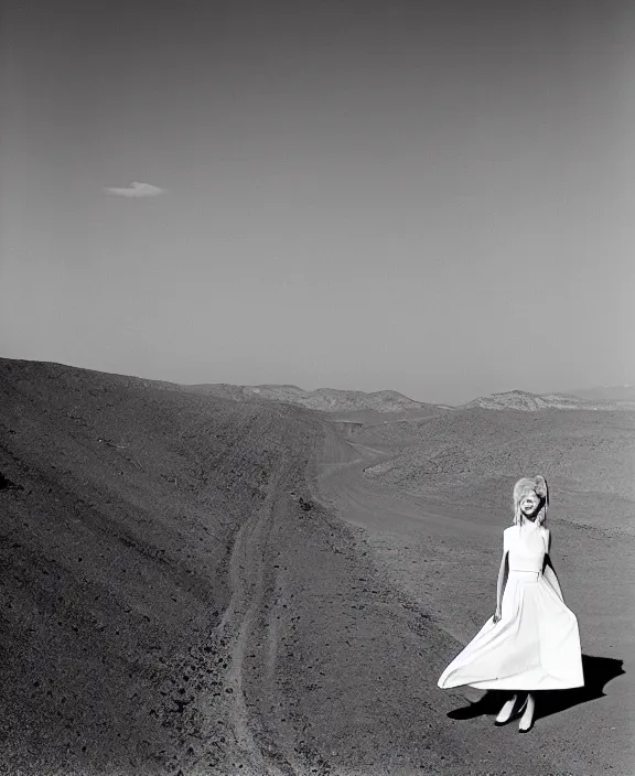 Image similar to blonde woman in the desert, white dress, by norman parkinson