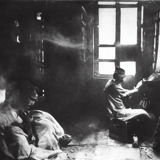 Image similar to people smoking opium in an opium den, monochrome film, dreamlike,