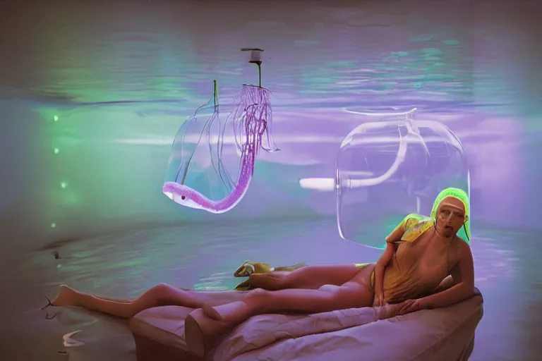 Prompt: high-angle view of a Inuit lush female jellyfish human hybrids wearing vacuum tube amp discowear with transparent digital number readout floating in front of face, sitting inside of a flooded 1970s luxury bungalow cabin with infinity mirror table, submersible vessel seamlessly clipping through wall, suspended soviet computer console on ceiling, ektachrome color photograph, volumetric lighting, off-camera flash, 24mm f8 aperture
