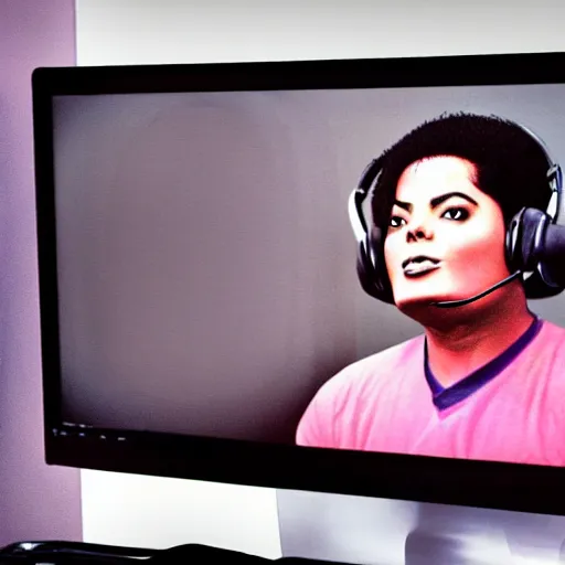 Prompt: obese Michael Jackson wearing a headset yelling at his monitor while playing WoW highly detailed wide angle lens 10:9 aspect ration award winning photography by David Lynch esoteric erasure head