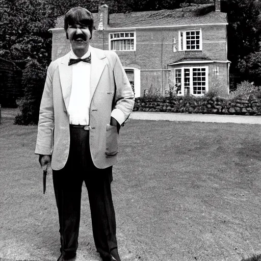 Prompt: a man stands next to the world's largest plum pudding in front of a suburban english house in the year 1 9 7 9
