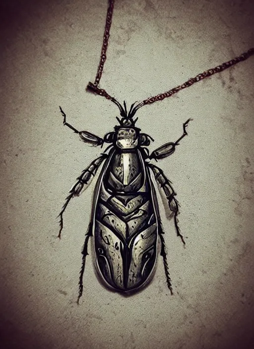 Image similar to rough concept art of small insect pendant, fantasy illustration, medieval era, trending on artstation, symmetry