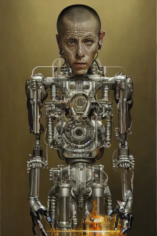 Image similar to robot monk painting a self - portrait on a canvas. intricate, highly detailed, photorealistic, film still, by vdragan bibin.