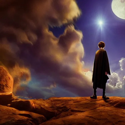 Image similar to Harry potter levitating, holding wand, colorful magic, back view, thunderclouds, cinematic shot, wide shot, epic scale, waving robe movement, photorealistic detail and quality, intricate ground stone, movie still, nighttime, crescent moon, sharp and clear, action shot, intense scene, visually coherent, symmetry, rule of thirds, movement, vivid colors, cool colors transitioning to warm colors, award winning, directed by Steven Spielberg, Christopher Nolan, Tooth Wu, Asher Duran, Greg Rutkowski