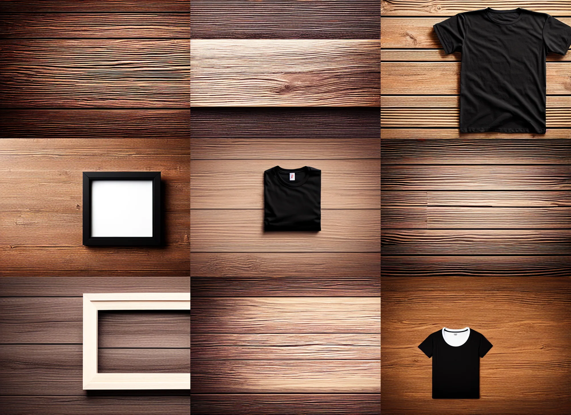 Prompt: clear photorealistic topdown mockup product photograph of a blank black tshirt center frame on a wooden background