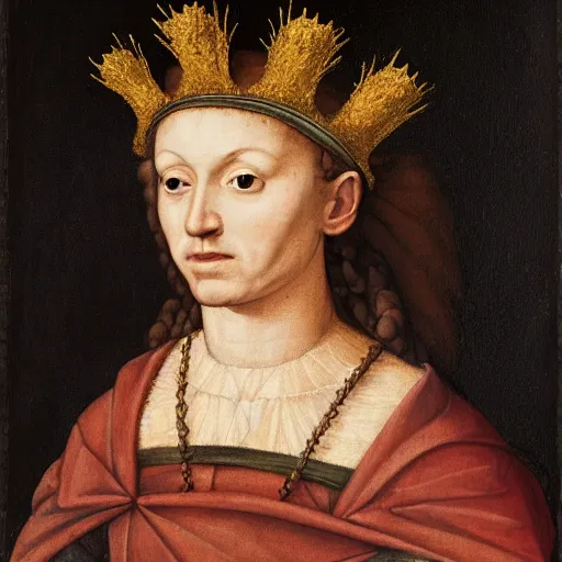 Image similar to a renaissance style portrait of a hedgehog wearing a crown and a cape, dark background