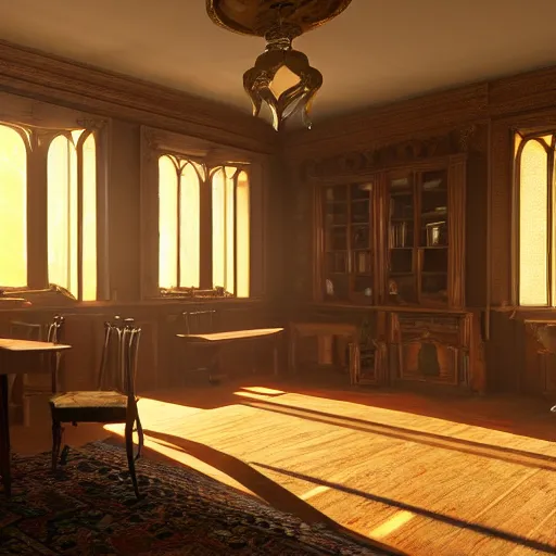 Prompt: inside a victorian dining room with bookcases on the walls, sunlight shines through the windows and produces rays of light in the dust ray traced unreal 5, ultra details