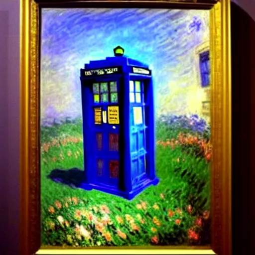 Image similar to an explosing tardis painted by monet, beautiful, highly detailed