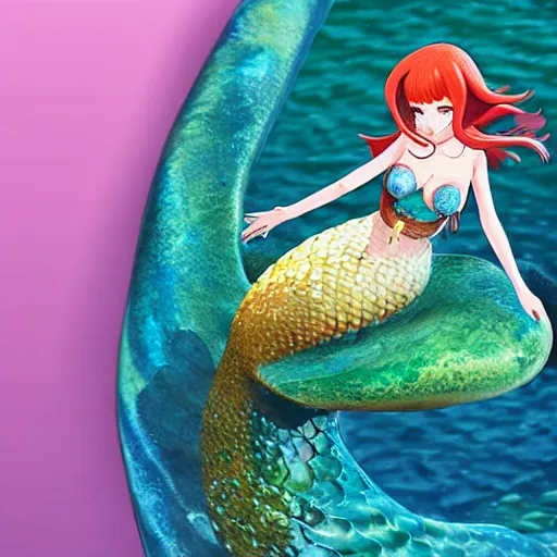 Image similar to Manga cover illustration of an extremely cute and adorable beautiful happy mermaid girl riding on top of a large one-eyed fish, 3d render diorama by Hayao Miyazaki, official Studio Ghibli still, color graflex macro photograph, DAZ Studio 3D