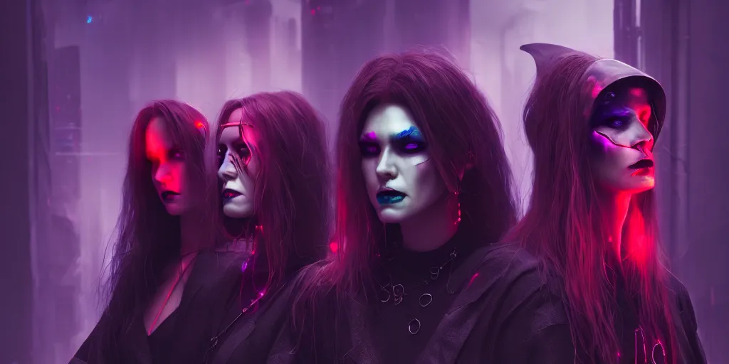 Image similar to coven of dangerous cyberpunk witches, portrait, contrasting colors, concept art, cinematic, key art, high quality, hyper realism, high detail, science fiction, horror, octane render, 8 k