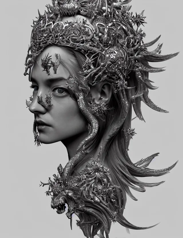 Image similar to symmetrical, centered, zbrush sculpt of goddess close-up portrait wigh crown made of skulls. phoenix betta fish, phoenix, bioluminiscent creature, super intricate ornaments artwork by Tooth Wu and wlop and alena aenami and greg rutkowski