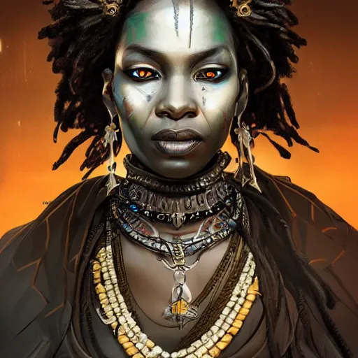 Image similar to a dark and ominous african queen with glowing eyes, a black diamond in her forehead, and jewelry made of bones, Apex Legends character digital illustration portrait design, by android jones and greg rutkowski in a cyberpunk voodoo style, detailed, cinematic lighting, wide angle action dynamic portrait