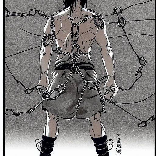 Image similar to A FULL BODY PORTRAIT FROM BEHIND OF TAKEZO FROM MANGA VAGABOND ,THE MAN KEEPS A KUSARIGAMA AND IT IS WRAPPED IN CHAINS ,detailed, concept art, ink style , sketch