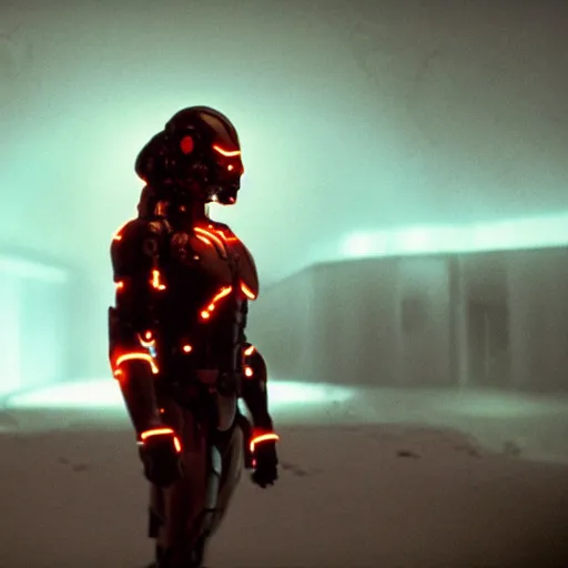 Image similar to movie still of cyborg with glowing third eye, cinematic composition, cinematic light, criterion collection, by george lucas