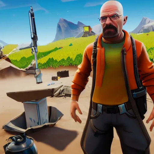 Prompt: Walter White in Fortnite gameplay screenshot