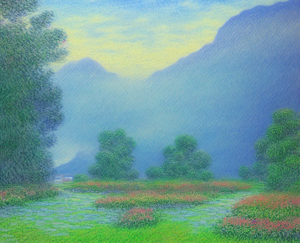 Image similar to a landscape pastel in the style of noriyoshi ohrai and monet of a blue reflective path to some misty mountains in the background. along the path stands pillars that reflect in the water. key art. 4 k fantasy