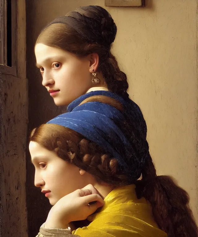 Image similar to a highly detailed, beautifully lit close portrait of a pretty, 1 4 year old alicia vikander resting her head on a table by an open window, oil painting portrait by vermeer and bouguereau and waterhouse